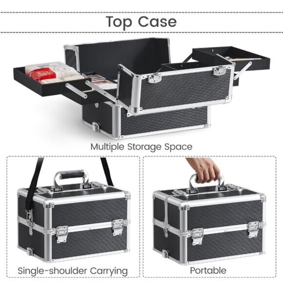 New 5-in-1 Rolling Makeup Train Case, Pro Aluminum Beauty Organizer - Black - Picture 5 of 9